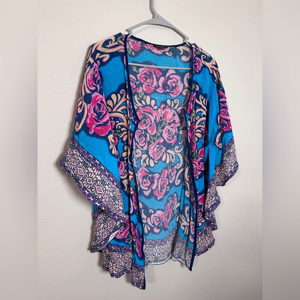 Tolani 100% silk Blue and Pink Floral short sleeve Kimono one size - Picture 2 of 6